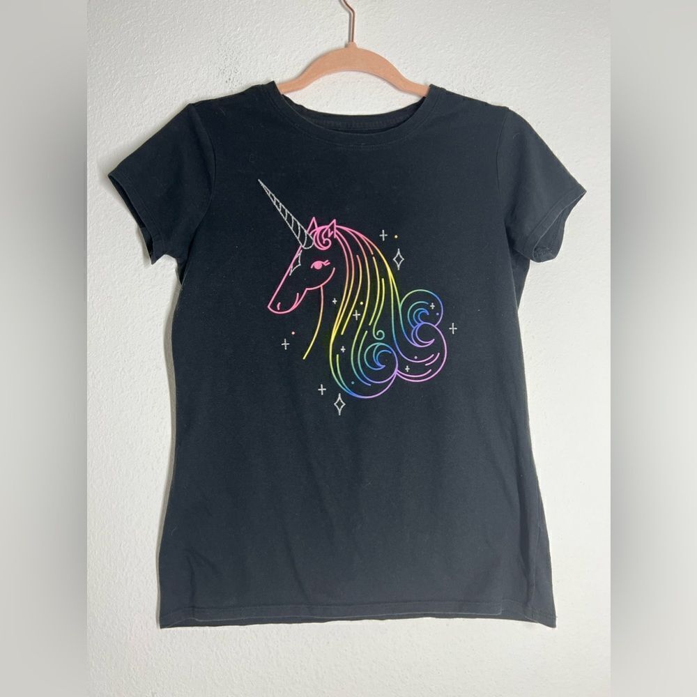 Cat & Jack Girls Shirt Black Short Sleeve Multi Color Unicorn Size XL 14-16